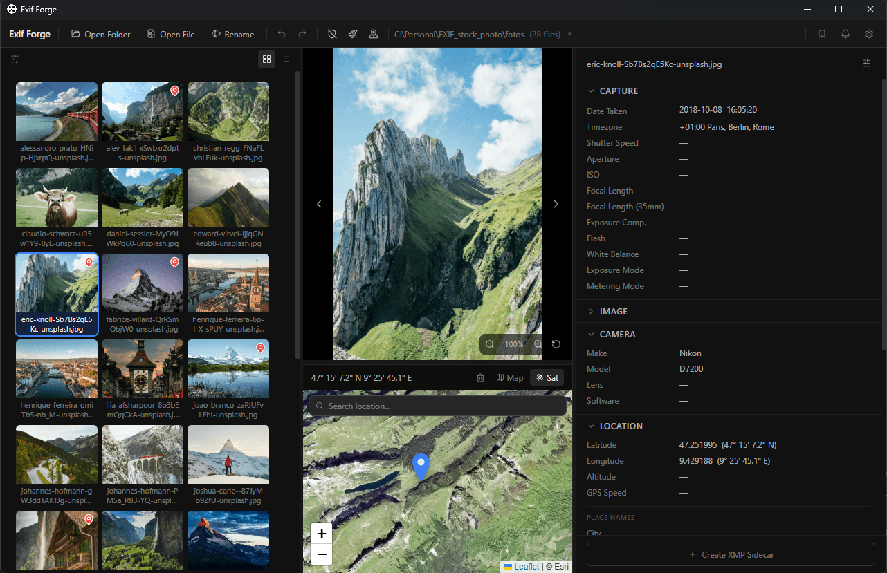 Exif Forge three-panel interface showing EXIF metadata for a mountain photo