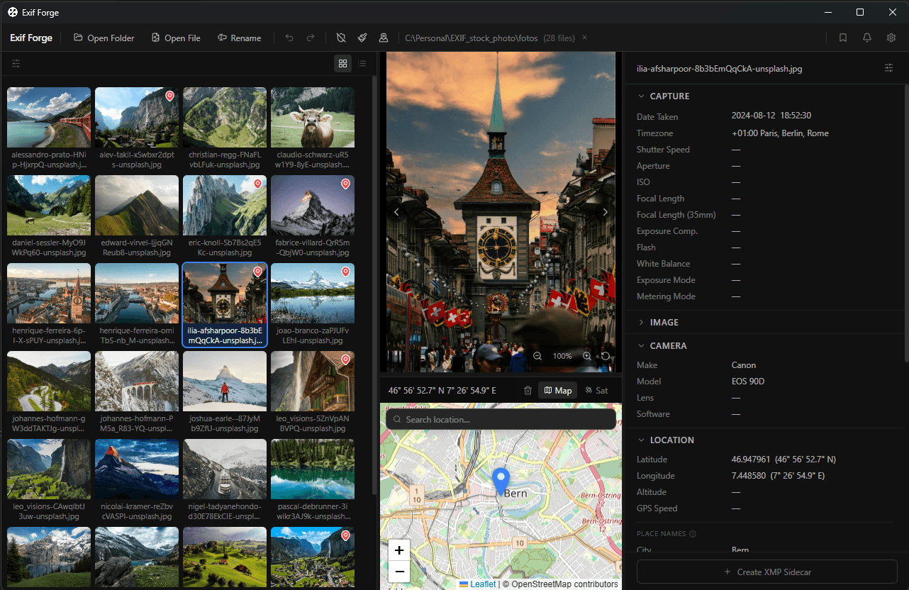 Exif Forge GPS map view showing location of a photo taken in Bern, Switzerland